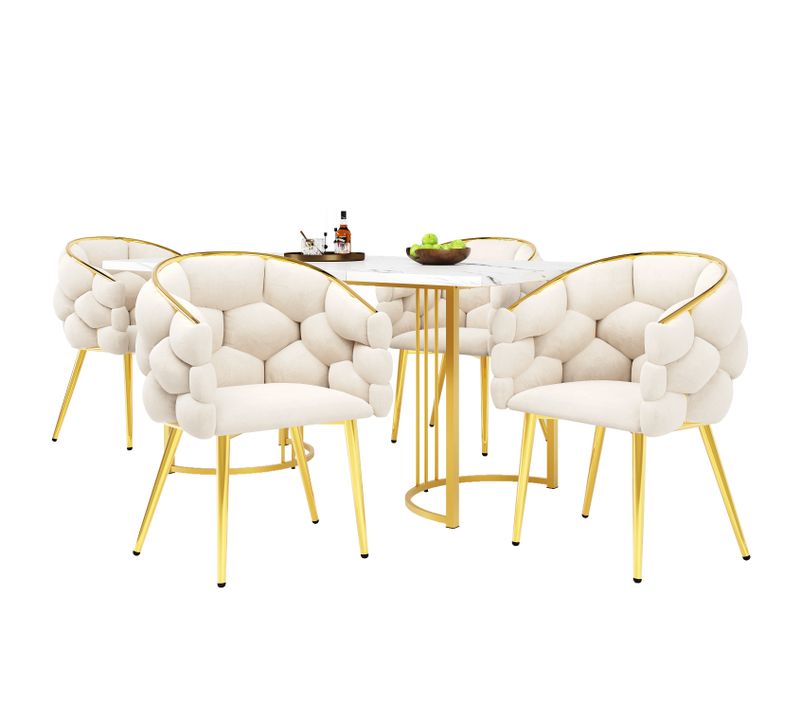 Ensemble Table à Manger Mdf Métal Doré 140×80 Cm Marbre Avec 4 Chaises ,or