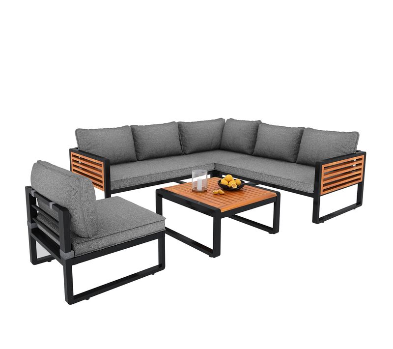 Salon De Jardin Métal Bois 5-6 Places Accoudoirs Décoratifs, Coussins Inclus