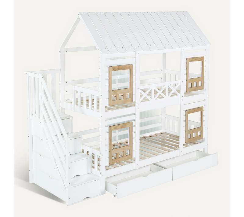 Lit Superposé En Bois Mdf 90x200 Cm Avec Garde-corps Coloré Et Escalier, Blanc Naturel