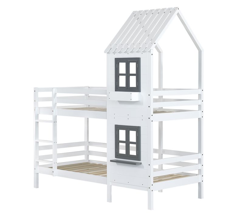 Lit Superposé Bois De Pin 90x200 Avec Main Courante Fenêtre Barrière Maison Lit Enfant Blanc