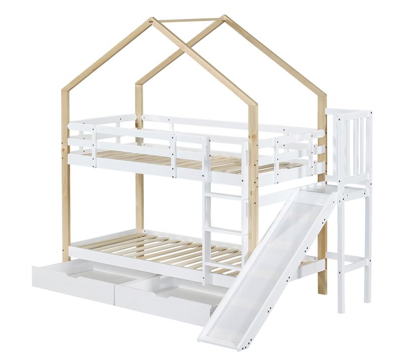 Lit Superposé Bois Massif 90x200 Avec Toboggan Tiroirs Barrière Échelle En Angle Blanc Naturel