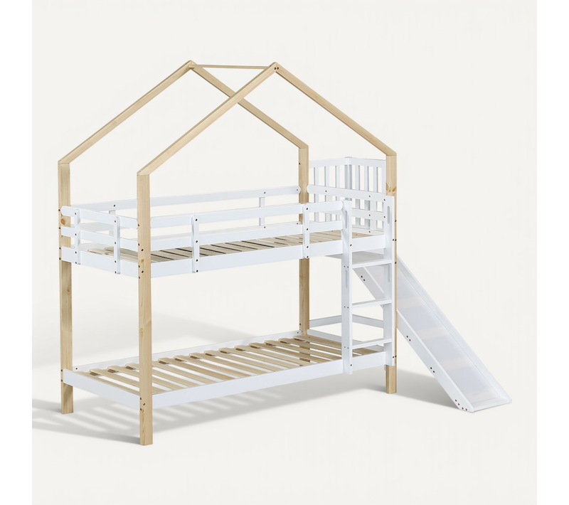 Lit Superposé Bois Massif 90x200 Avec Toboggan échelle Barrière Lit Maison Enfant Blanc Naturel