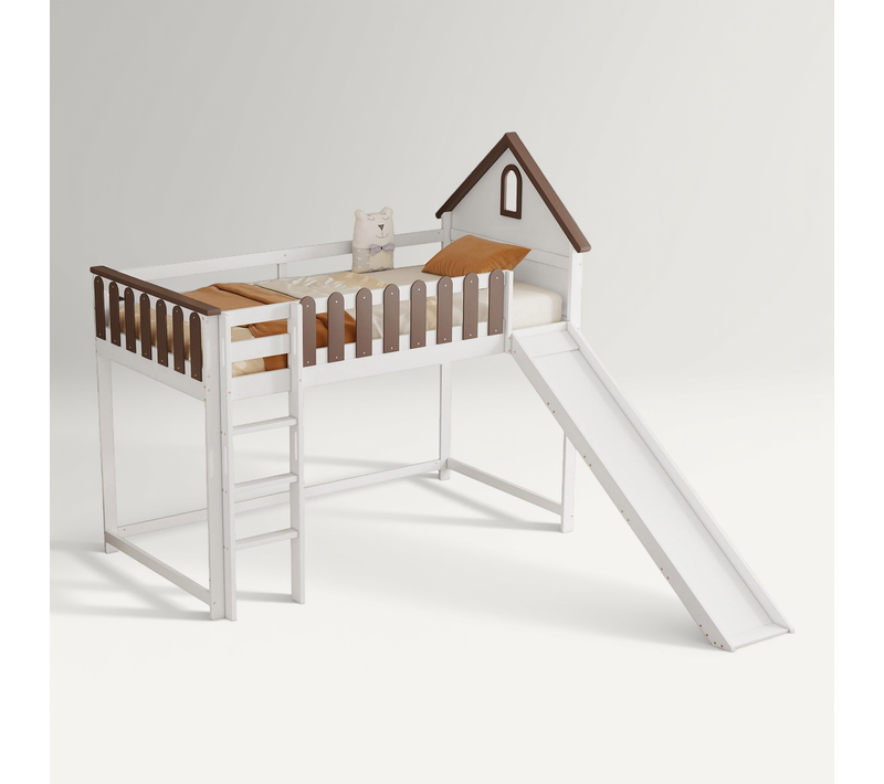 Lit Mezzanine Pin Mdf 90x200 Cm Avec Toît Fenêtre échelle Droite Toboggan Blanc Noyer