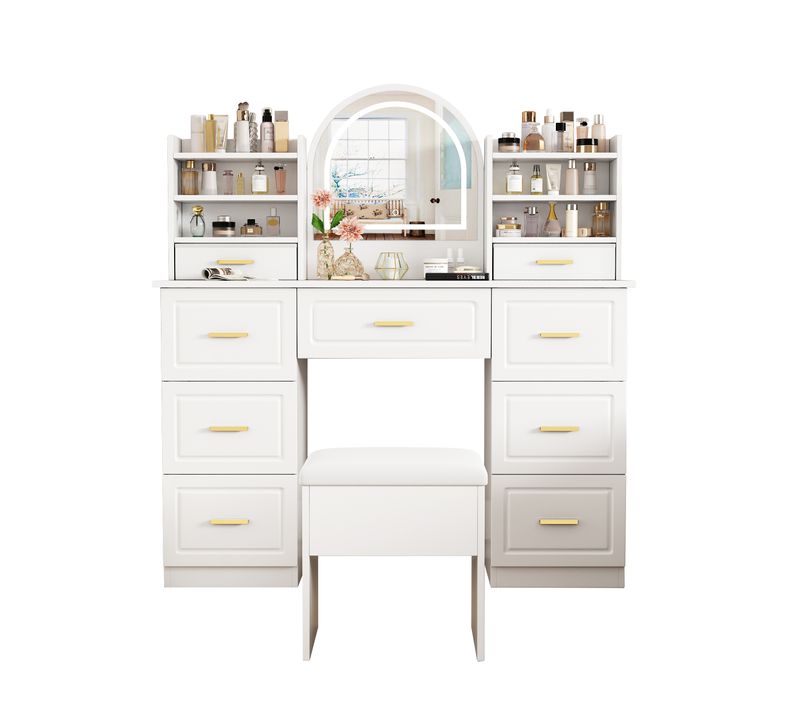 Table De Maquillage En Bois, 9 Tiroirs, Avec Miroir LED, Blanc, 120x40x135cm