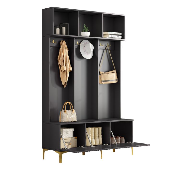 Ensemble De Vestiaire En Bois, Banc De Rangement Multifonctionnel, 6 Crochets Dorés, Noir