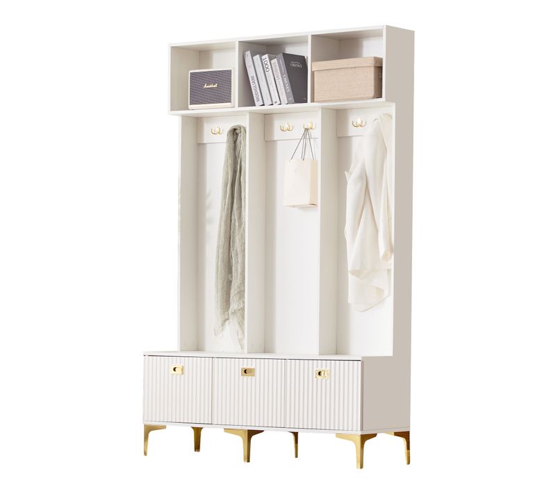 Ensemble De Vestiaire En Bois, Banc De Rangement Multifonction, 6 Crochets Dorés, Blanc