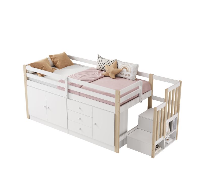 Lit Mezzanine Bois 90x200 Cm Avec Armoire Tiroirs 2 Placards Barre Penderie Sans Matelas Blanc
