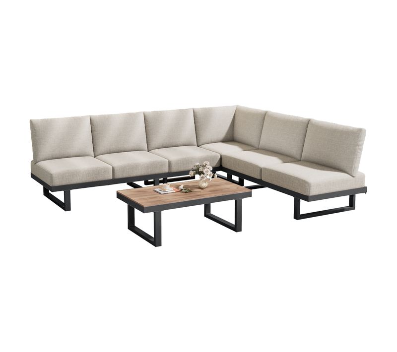 Salon De Jardin Métal 3 Pièces Canapé D’angle Modulable En Lit, Table, Extérieur , Gris