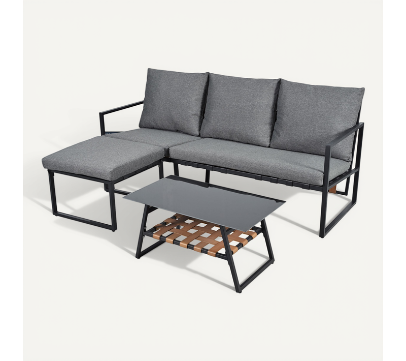 Salon De Jardin Métal 4 Pièces Canapé, Table, Pouf, Plateau En Verre, Extérieur , Gris