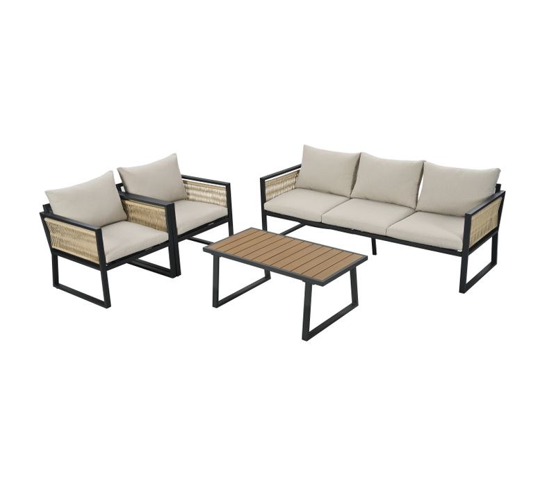 Salon De Jardin Corde Métal 4 Pièces Table Bois Plastique, Accoudoirs Tressés , Beige