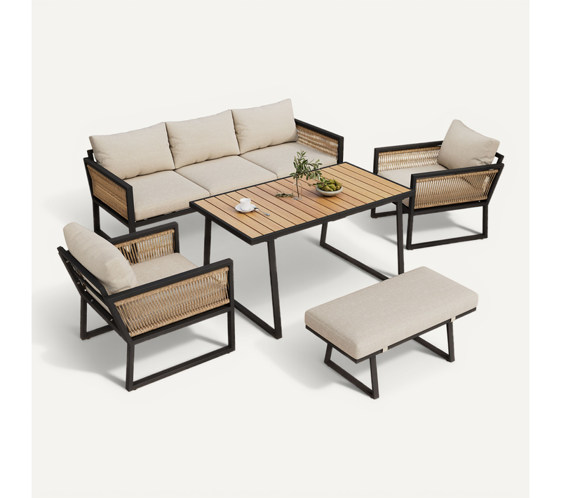 Ensemble De Jardin, Fauteuil Lounge 5 Pièces, Canapé 3 Places, 2 Fauteuils, Tabourets,beige