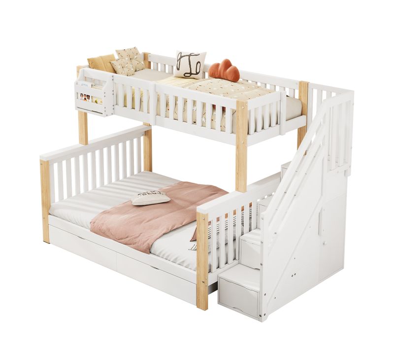 Lit Superposé Bois Mdf 90x200 140x200 Avec Escalier Placard Paniers Tiroir Lit Double Blanc Naturel