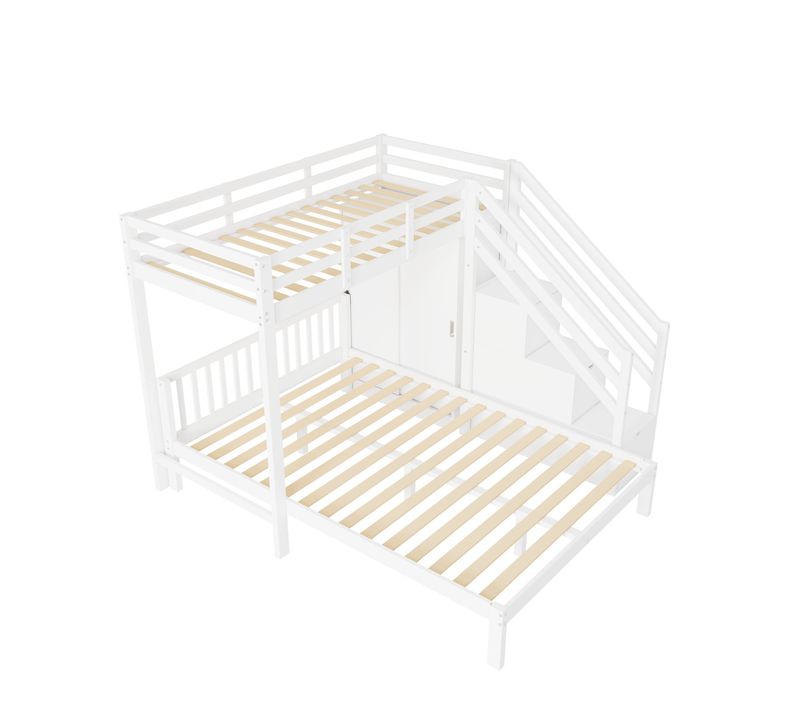 Lit Superposé Bois Mdf 90x200 140x200 Avec Placard Tiroirs Table Roulante Grand Rangement Blanc