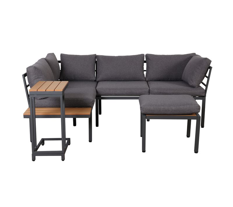 Salon De Jardin Métal Plastique 3 Pièces Canapé, 2 Tables, Plateau Bois Plastique , Gris/noir