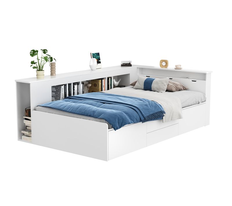 Lit Enfant 90x200cm Bois Multifonctionnel Avec Tiroirs, Bibliothèque Et Rangement, Blanc