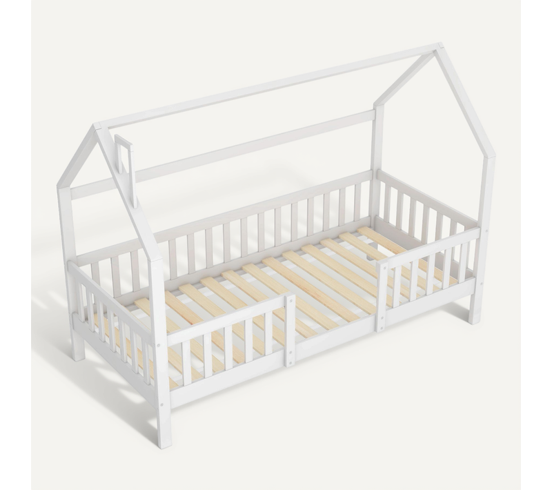 Lit Enfant Maison En Pin Massif Avec Sommier Robuste, 90 X 200 Cm, Blanc