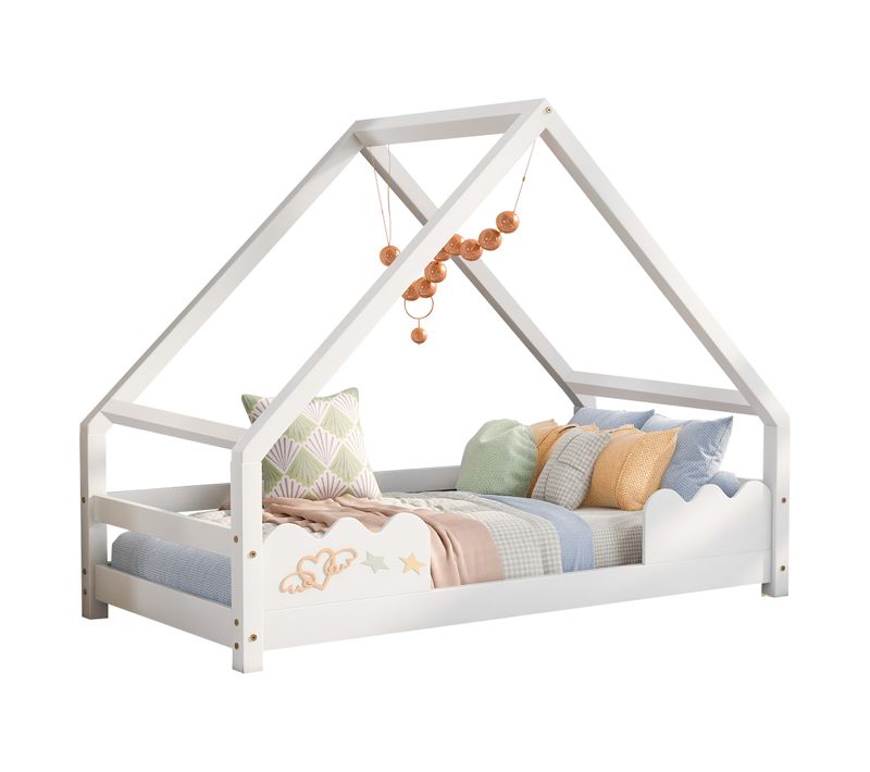 Lit Cabane Enfant 90x200 en Bois de Pin Massif Blanc avec Barrières de Sécurité et Sommier à Lattes