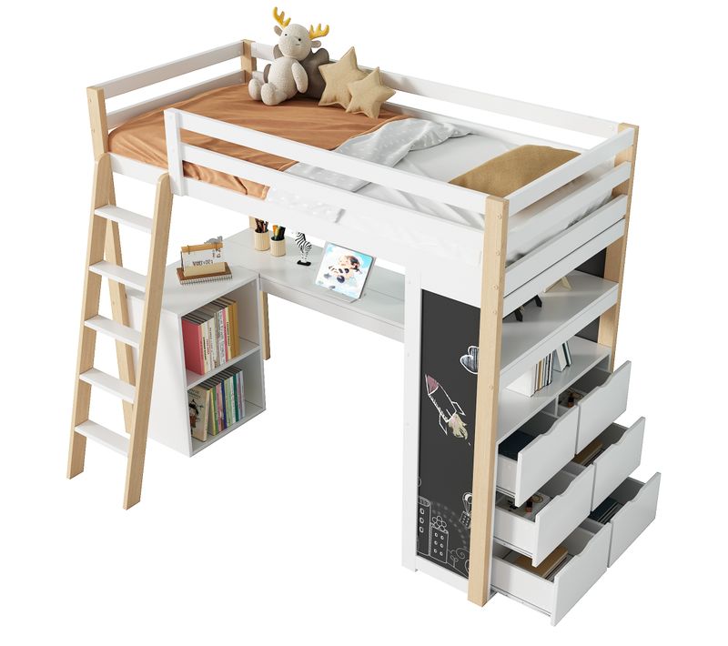 Lit Mezzanine Mdf 90x200 Cm Avec Bureau Étagère Tiroir Ardoise Grande Armoire Blanc Naturel