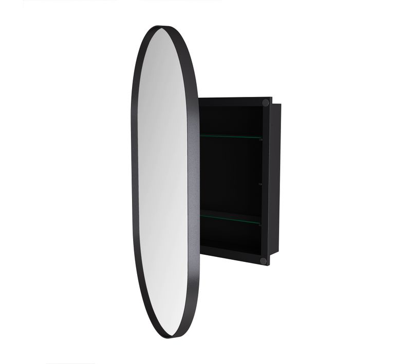 Armoire Miroir Ovale Encastrée Avec Étagères Réglables Et Cadre Métal, Noir