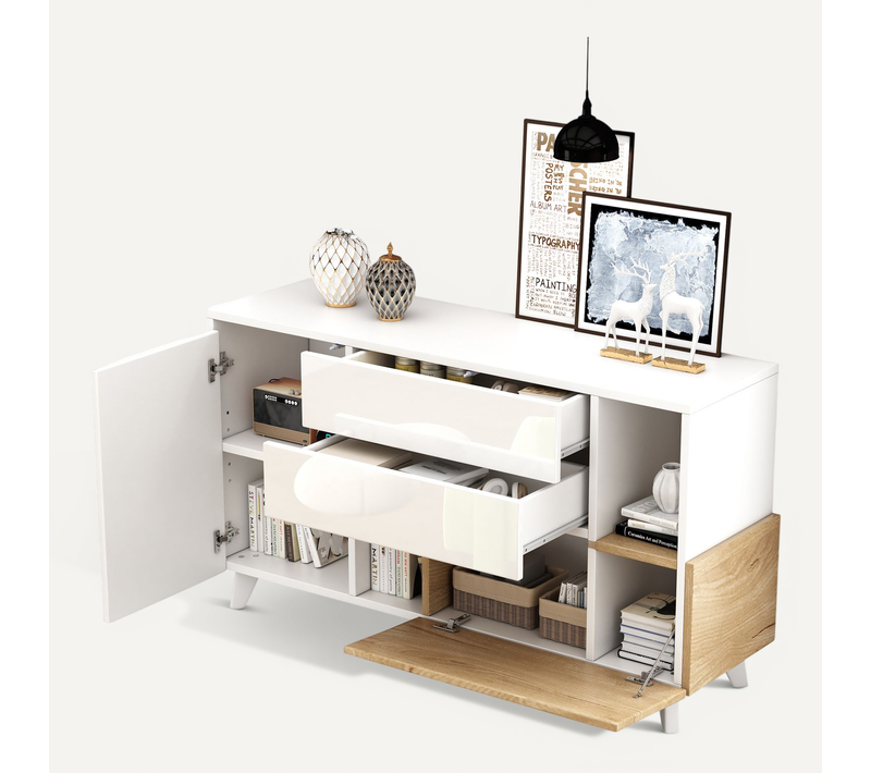 Buffet Moderne En Bois Avec Rangement, Buffet De Salle à Manger, Blanc Brillant