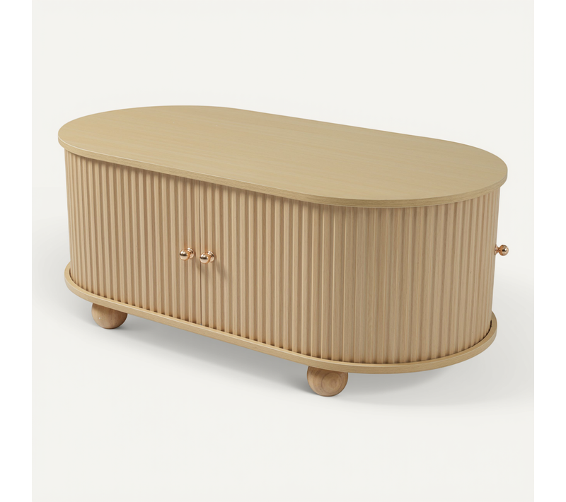 Table Basse Ovale Avec Rangements Et Portes Coulissantes, Gain De Place, Finition Bois