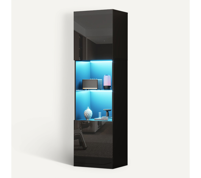 Vitrine Noire Laquée, LED, étagère En Verre, H160cm×l45cm×p35cm, Pour Salon Et Bureau