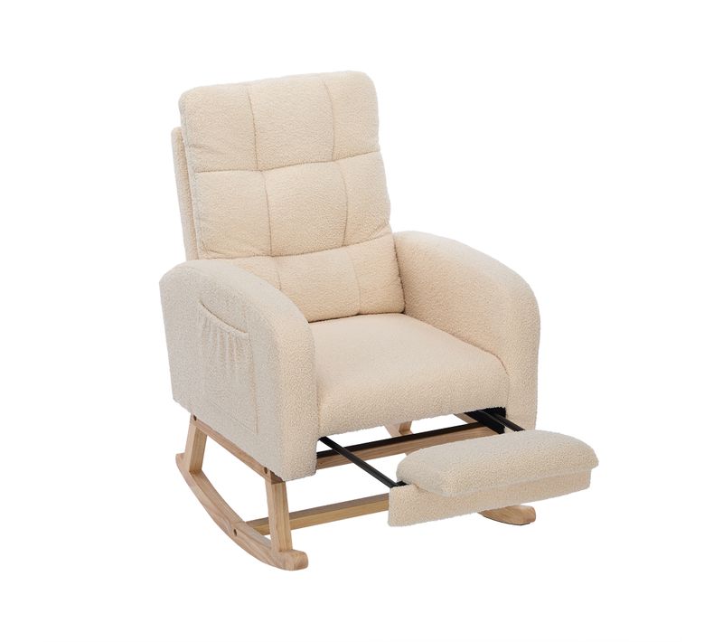 Fauteuil à Bascule Tissu Peluche, Cadre Bois Massif Pieds Métal, Support Caché, ,beige