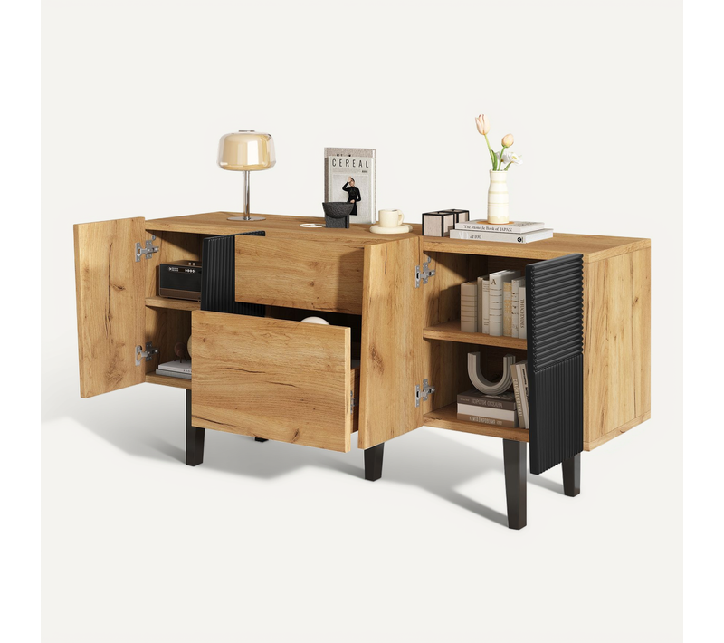 Meuble TV Bois Massif Pour 60" Avec Rangement Et Pieds Bois, Chêne Clair