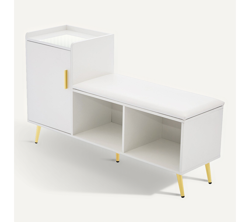 Meuble à Chaussures En Aggloméré Blanc Brillant Avec Rangement, Banc Rembourré