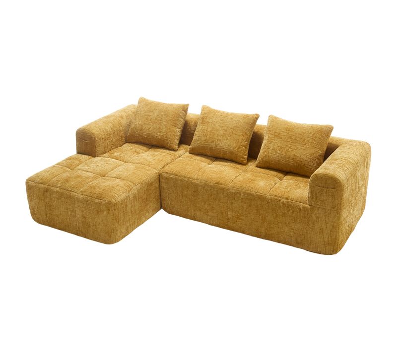 Canapé Moderne, Chenille, L-sofa, 3 Places, Sans Installation, Avec Coussins, Jaune