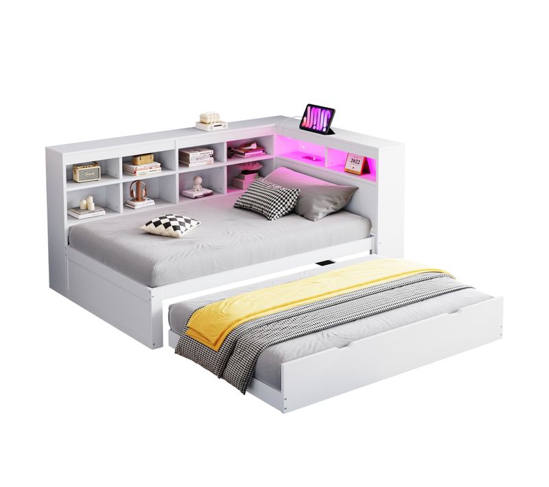 Canapé En Bois Massif 90*200 Cm, Lit Escamotable, Prise USB, Lumière LED, Étagères, Blanc