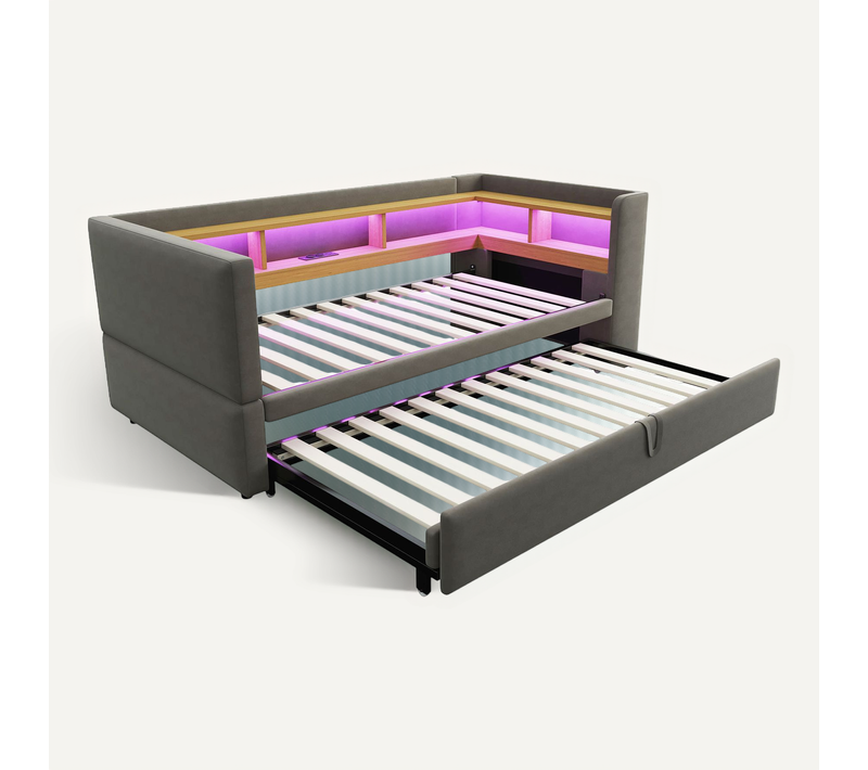 Lit Tapissé Extensible 90/180x190 Cm Avec LED Prises Rangements Lit Multifonction Gris Foncé