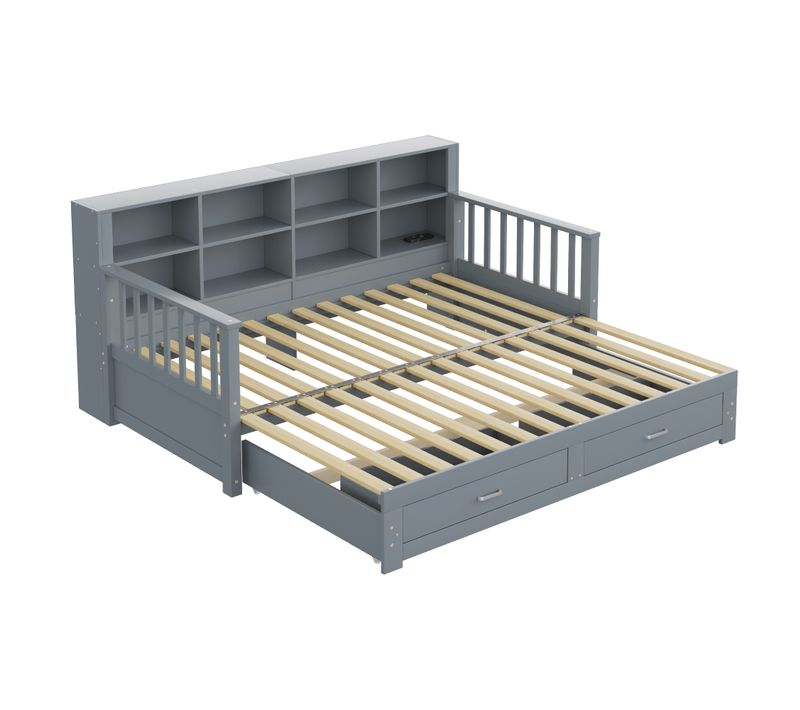 Lit Extensible Bois Massif 90/180x190 Cm Avec Tiroirs Sommier Prises Latérales Gris
