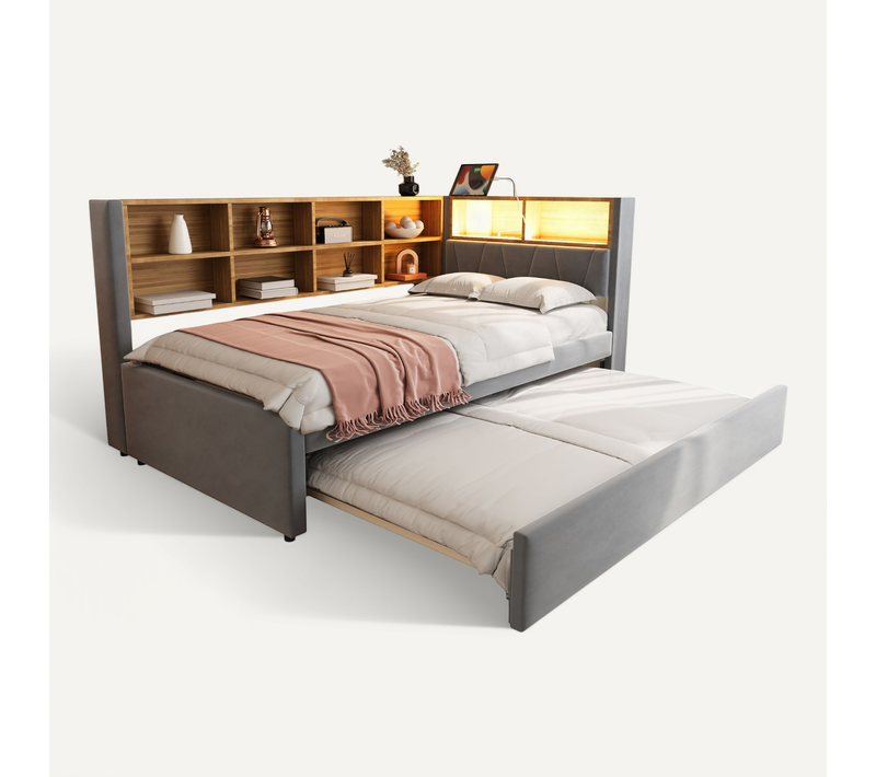 Lit Tapissé 90x200 Cm Lit Tiroir 90x190 LED Prises Rangements Flanelle Gris Foncé