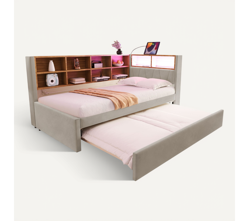 Lit Tapissé 90x200 Cm Lit Tiroir 90x190 LED Prises Rangements Flanelle Gris Clair