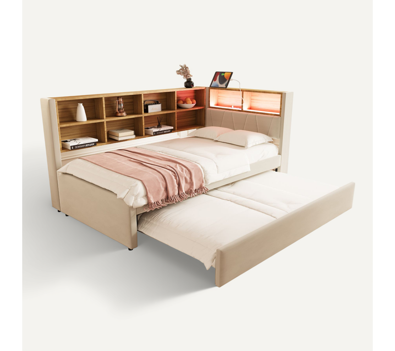 Lit Tapissé 90x200 Cm Lit Tiroir 90x190 LED Prises Rangements Flanelle Beige