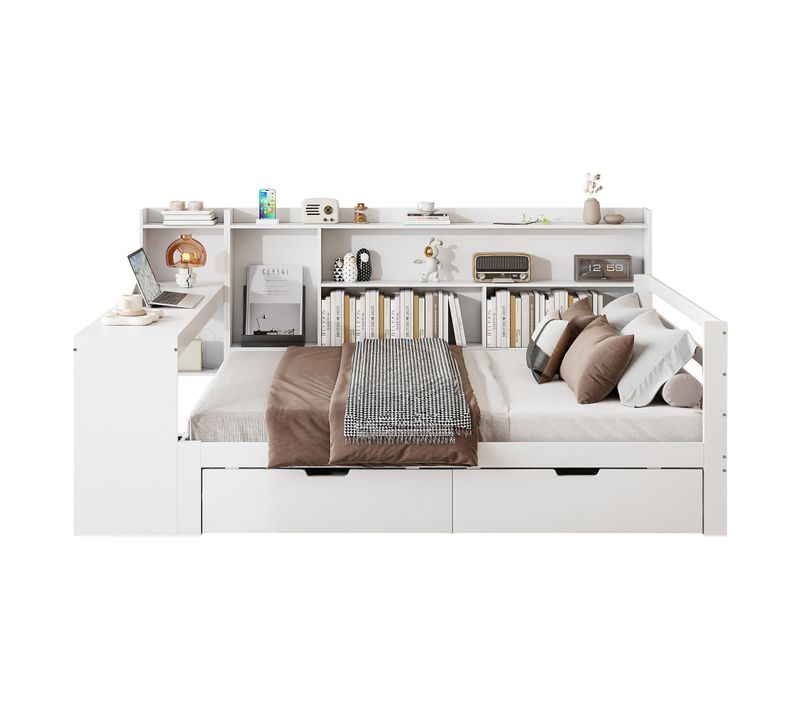 Canapé-lit Bois Massif 140x200 Cm Bureau Étagères 2 Grands Rangements Prises Blanc