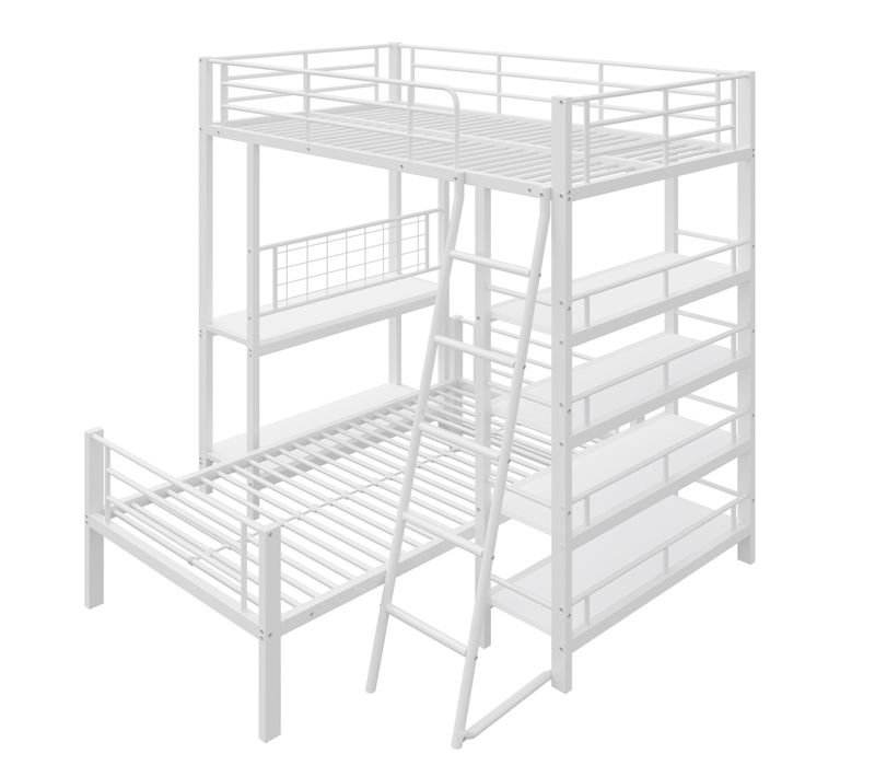 Lit Mezzanine Métal 140x200 Avec Étagères Multiples Structure Multifonction Blanc