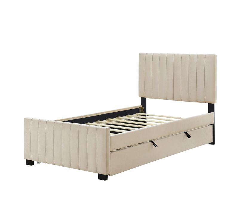 Lit Avec Sommier 90 X 190 Cm En Tissu Velours Doux, Lit D'appoint, Beige