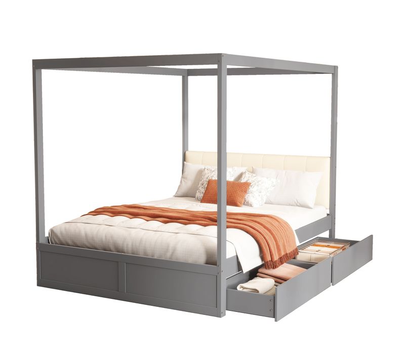 Lit Himmelbett 140x200 Cm En Bois Avec Grands Tiroirs Et Dos Doux, Gris