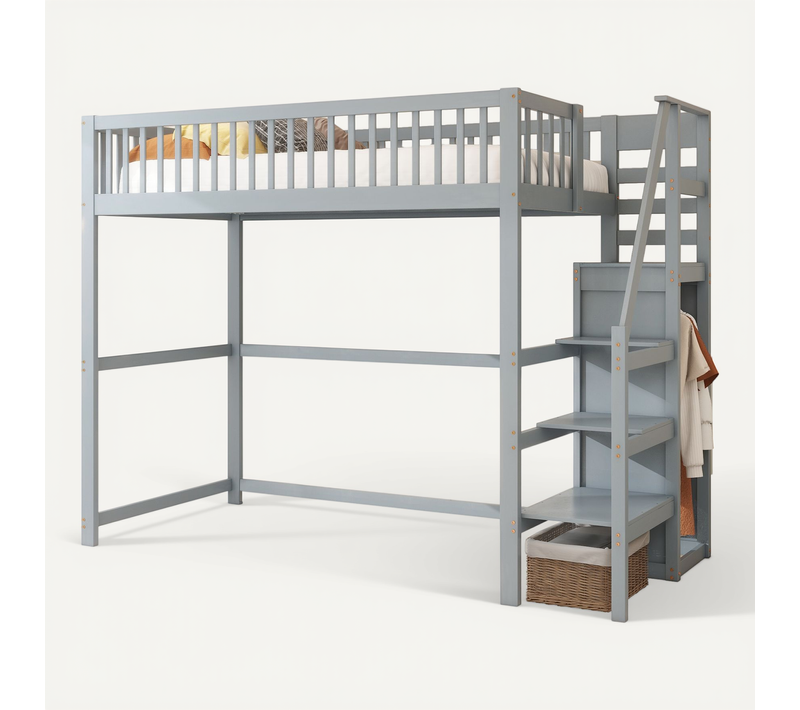 Lit Mezzanine Bois 90x200 Cm Avec Escalier Armoire étagères Cadre Bois Gris