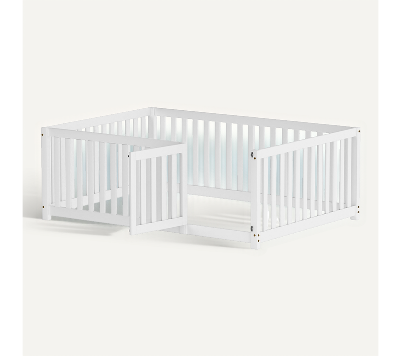 Lit Pour Enfant 140 X 200, Cadre En Bois Avec Clôture Et Porte, Blanc