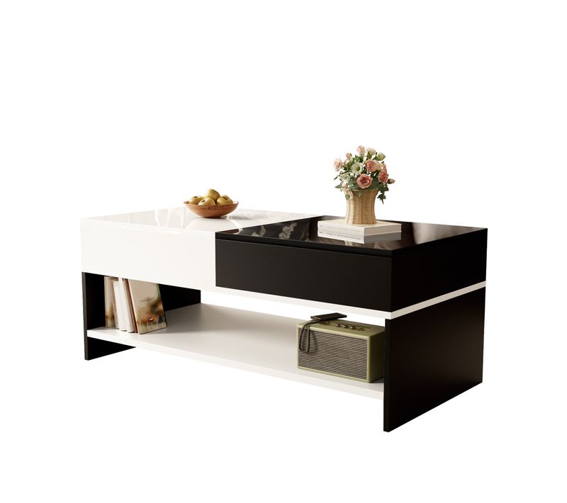 Table Basse Noire Et Blanche 100 Cm Avec 2 Tiroirs, Plateau Brillant, Design Moderne Avec Rangements