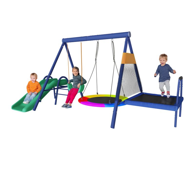 Set De Balançoire Extérieur Multifonction En Plastique Avec Toboggan, Trampoline, Nid