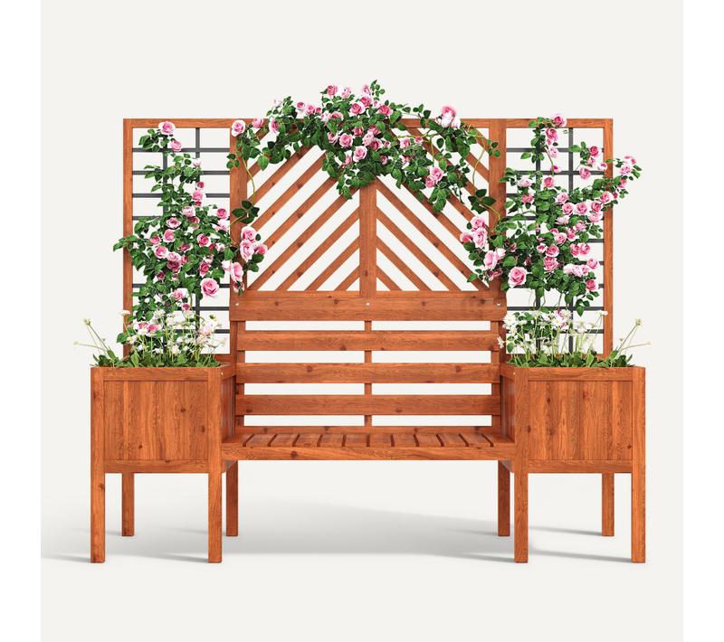 Jardinière Extérieure En Bois Massif Avec Assise Et Treillis, ,brun