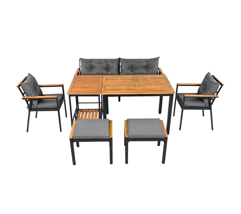 Ensemble Jardin Acacia, Table à Manger Et Fauteuils 6-7 Personnes, Chariot Amovible, Housse Lavable