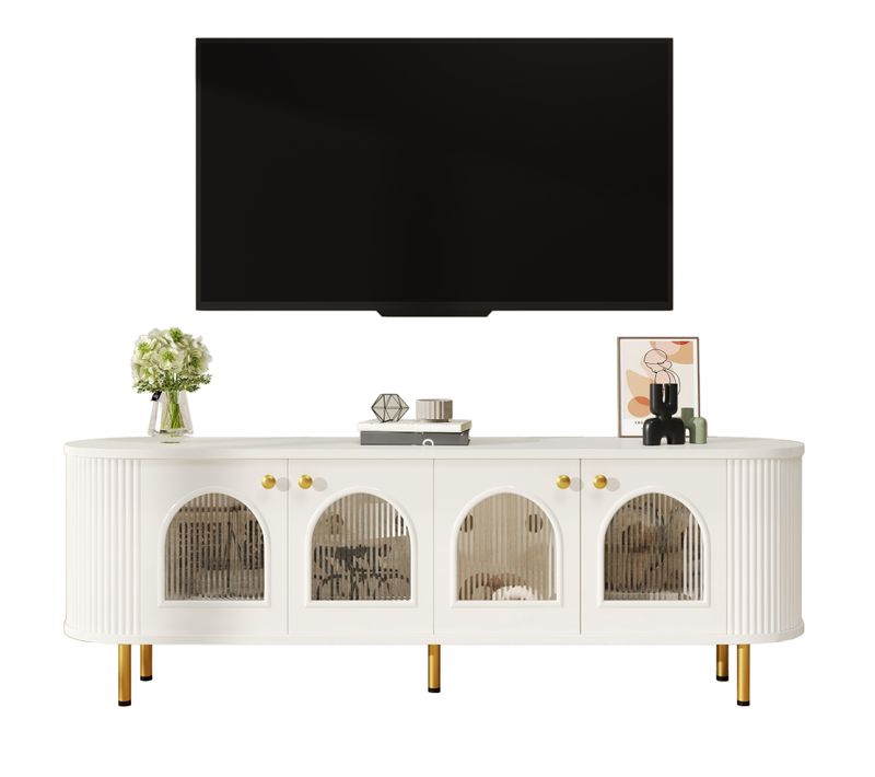 Meuble TV Mdf Avec Portes Vitrées Poignées Et Pieds Dorés, Blanc