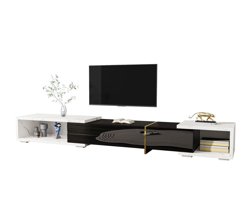Meuble TV 140-260cm Finition Marbre Blanc Rotatif Décor Or, Blanc Et Noir