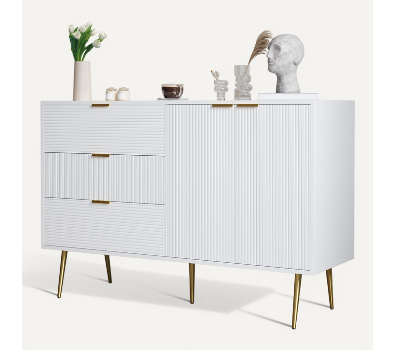 Buffet Bois Mdf 120 Cm Avec Portes, Tiroirs, Poignées Dorées, étagères, Bois Clair