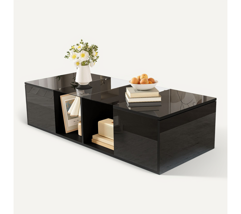 Table Basse Noire Moderne LED, Plateau Brillant, 120×50×38,5 cm, Ambiance Design Salon